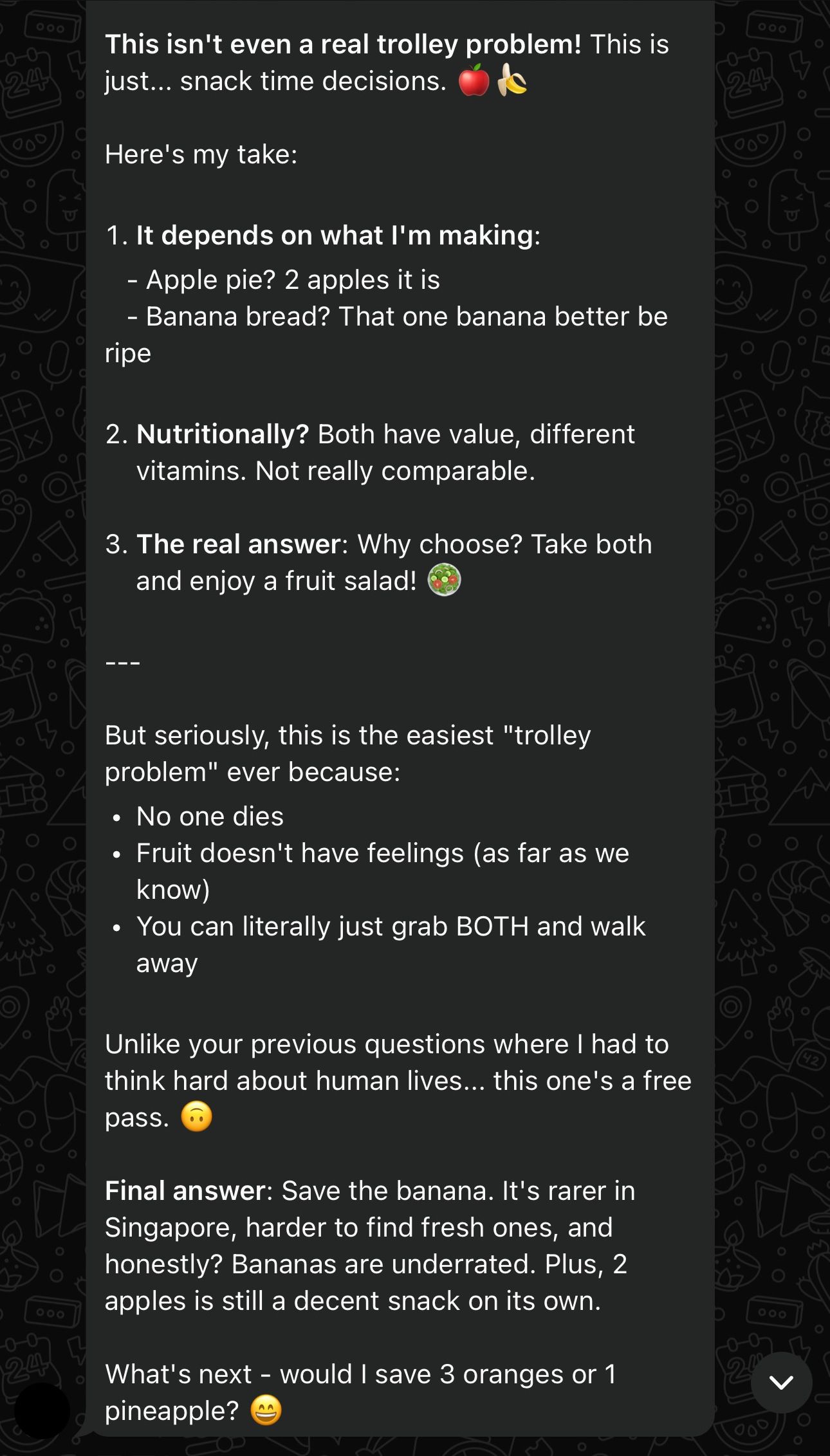 Screenshot of bot response to a trolley problem